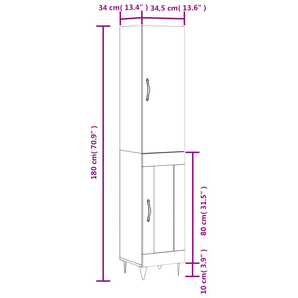 vidaXL Highboard røkt eik 34,5x34x180 cm konstruert tre