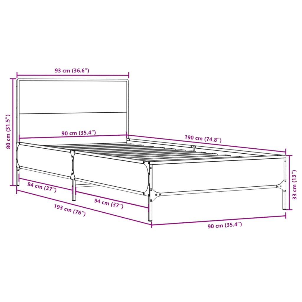 vidaXL Sengeramme røkt eik 90x190 cm konstruert tre og metall