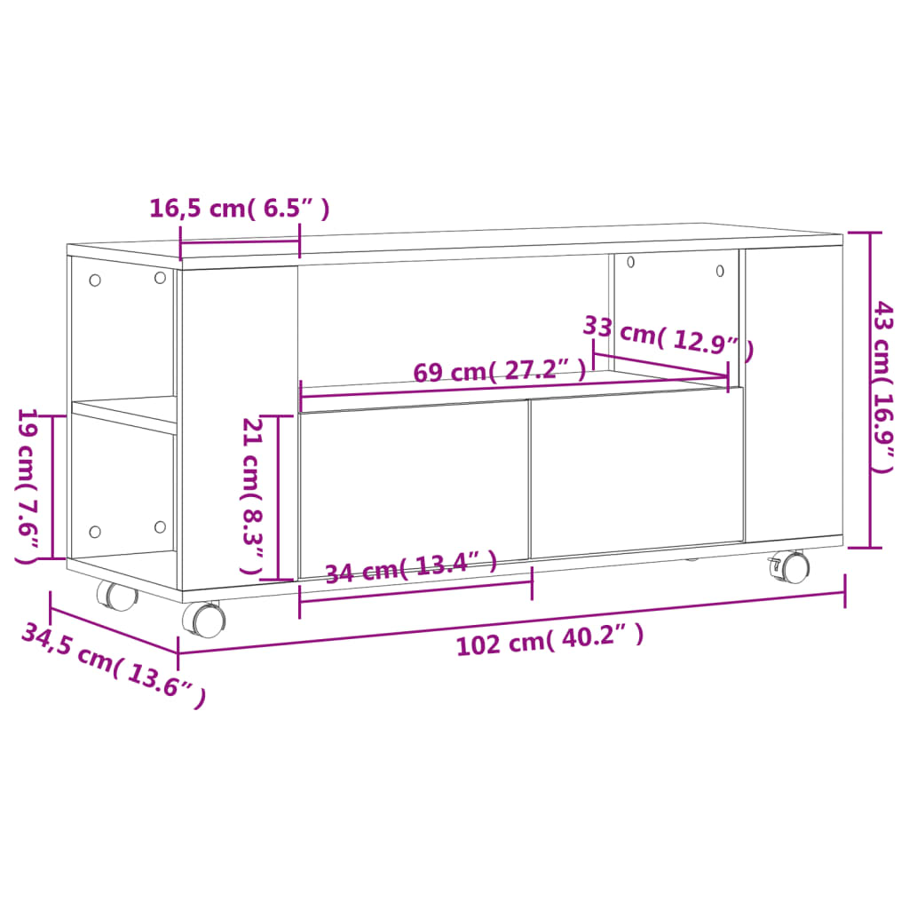 vidaXL TV-benk brun eik 102x34,5x43 cm konstruert tre