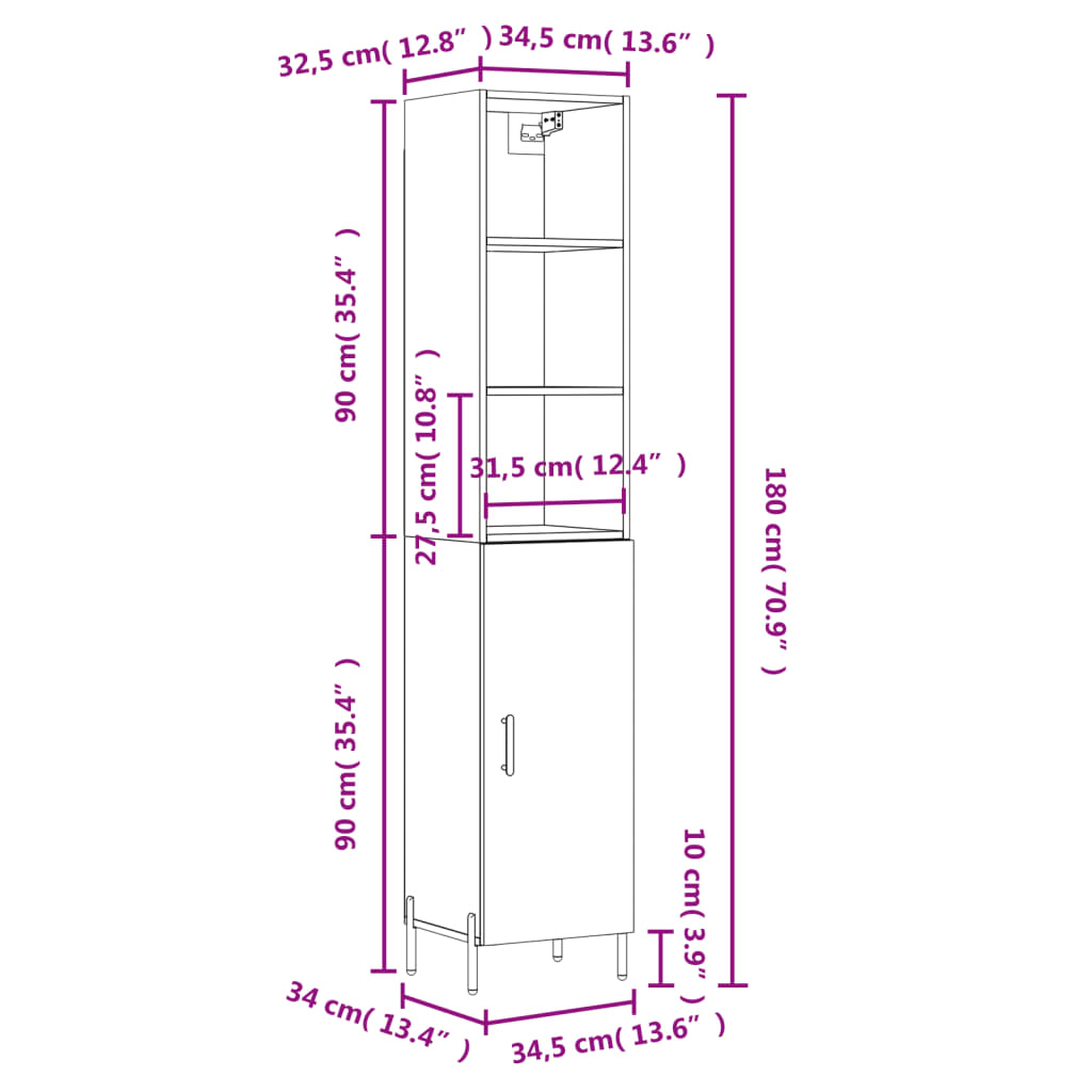 vidaXL Highboard høyglans hvit 34,5x34x180 cm konstruert tre