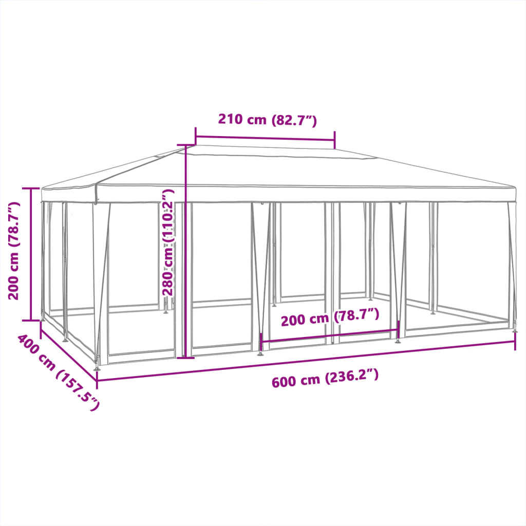 vidaXL Festtelt med 10 sidevegger av netting hvit 6x4 m HDPE