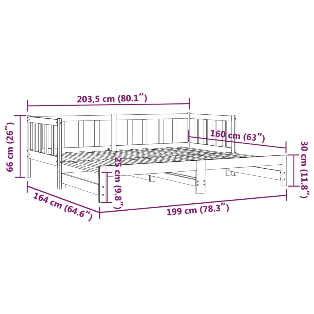 vidaXL Uttrekkbar dagseng 80x200 cm heltre furu