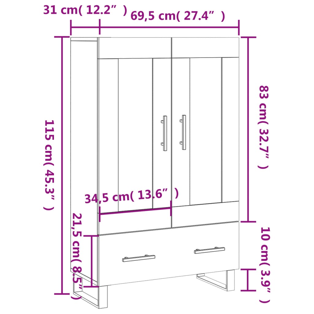 vidaXL Highboard brun eik 69,5x31x115 cm konstruert tre