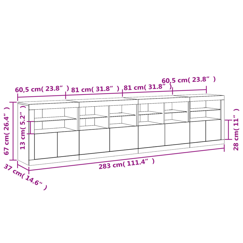 vidaXL Skjenk med LED-lys hvit 283x37x67 cm