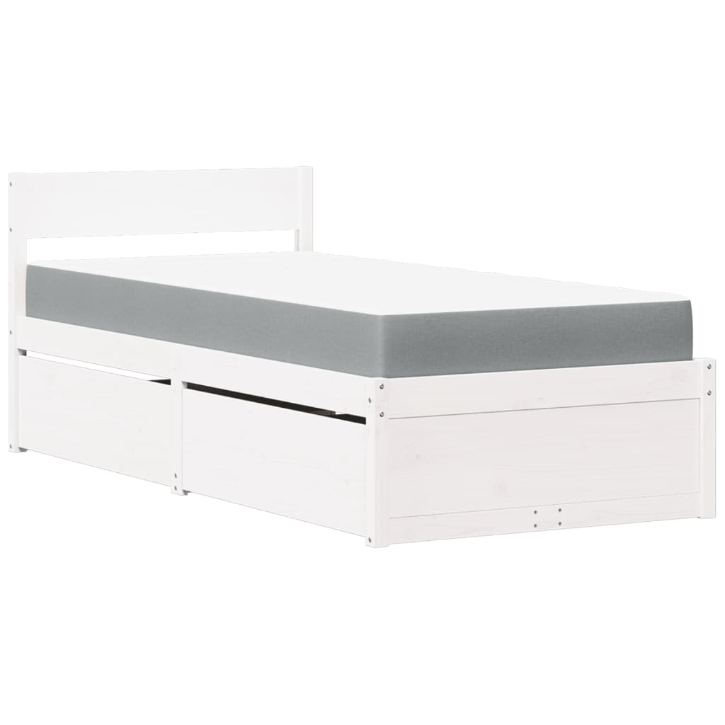 vidaXL Seng med skuffer og madrass hvit 90x200 cm heltre furu