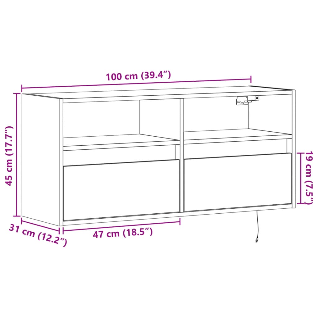 vidaXL Vegghengt TV-benk med LED sonoma eik 100x31x45 cm