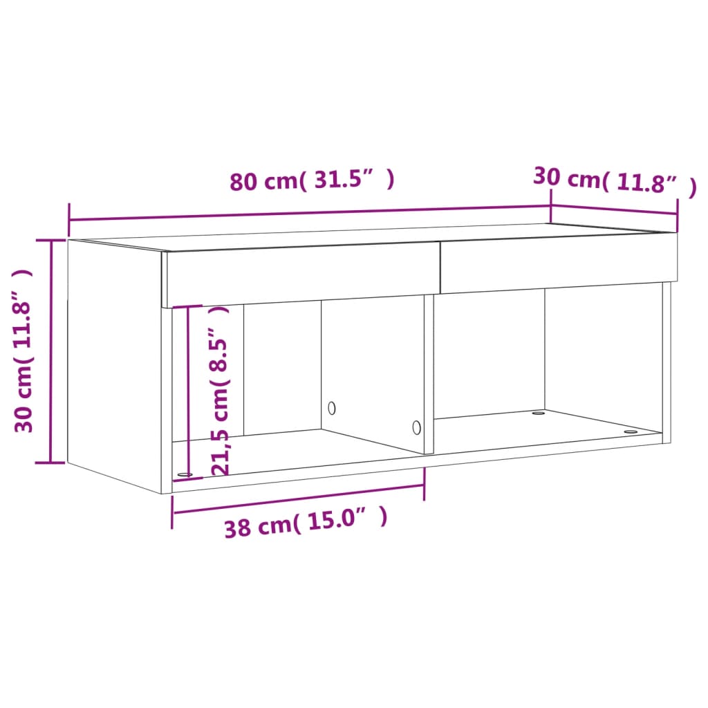 vidaXL TV-benk med LED-lys betonggrå 80x30x30 cm