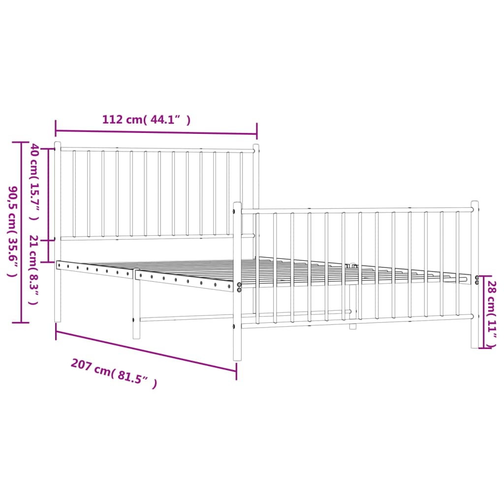 vidaXL Sengeramme i metall med hode- og fotgavl hvit 107x203 cm