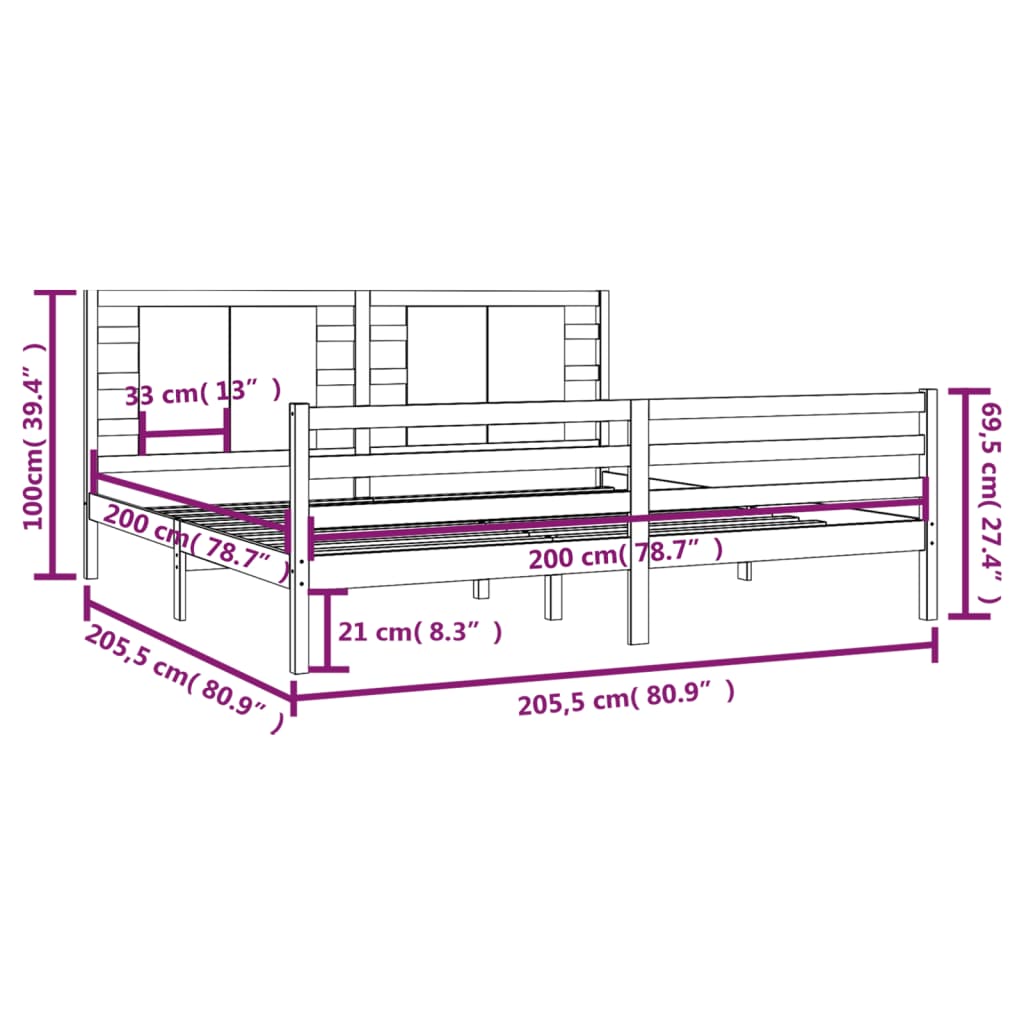 vidaXL Sengeramme svart heltre furu 200x200 cm