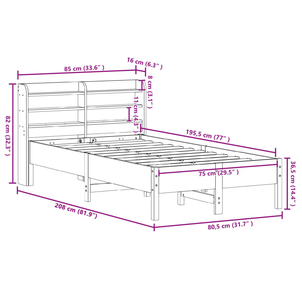 vidaXL Sengeramme uten madrass hvit 75x190 cm heltre furu