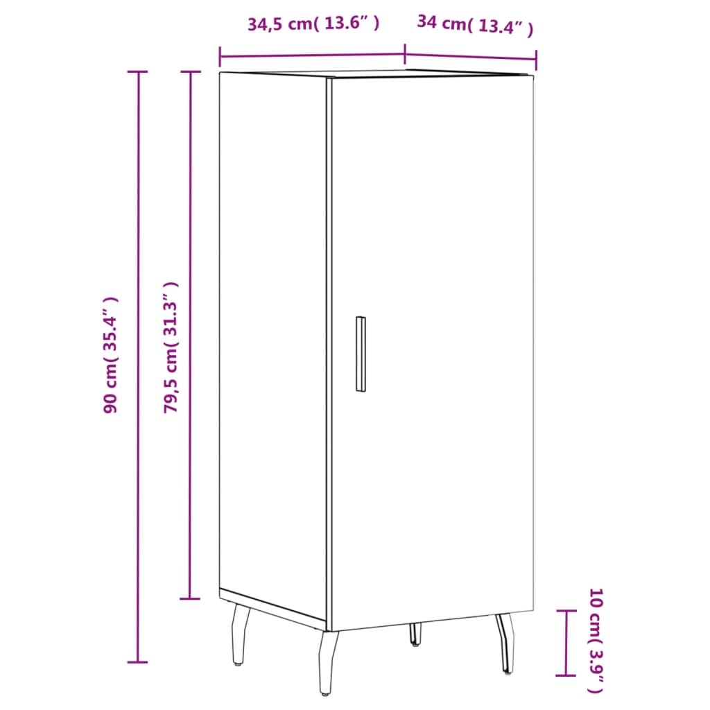 vidaXL Skjenk høyglans hvit 34,5x34x90 cm konstruert tre