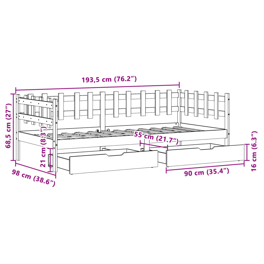 vidaXL Dagseng med skuffer hvit 90x190 cm heltre furu