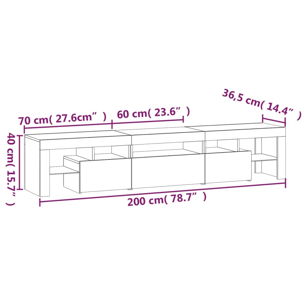 vidaXL TV-benk med LED-lys grå sonoma 200 x 36,5 x 40 cm