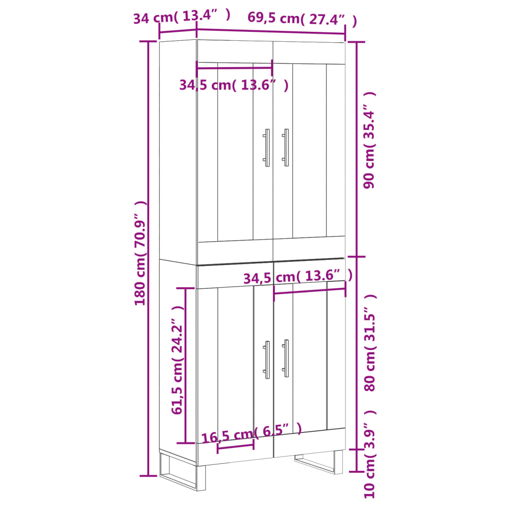 vidaXL Highboard betonggrå 69,5x34x180 cm konstruert tre