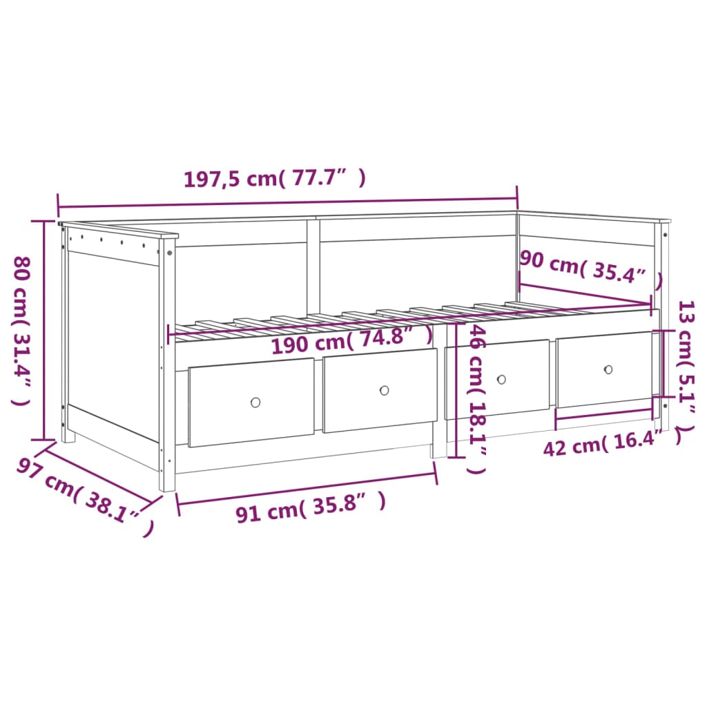 vidaXL Dagseng hvit 90x190 cm heltre furu