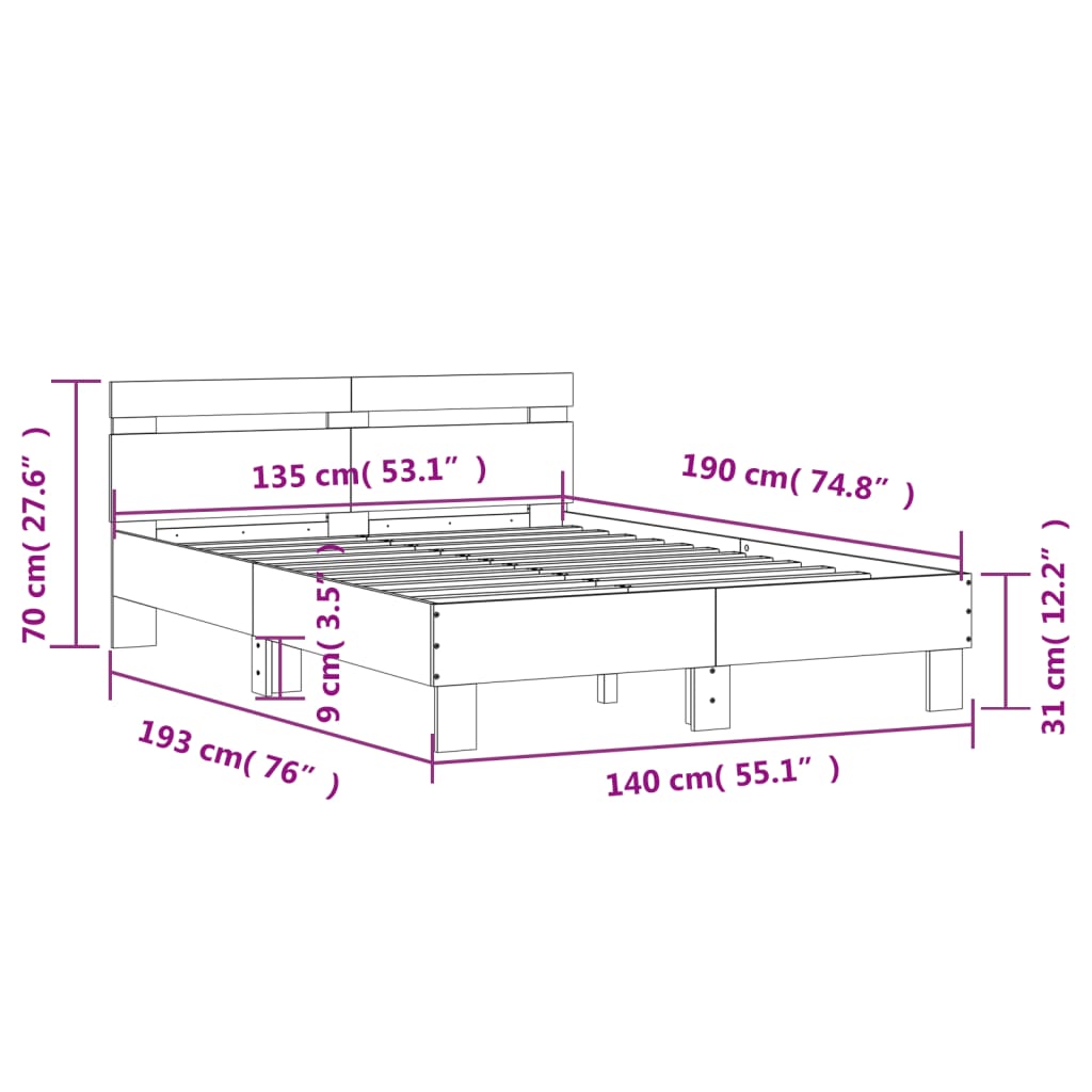 vidaXL Sengeramme med hodegavl og LED brun eik 135x190 cm