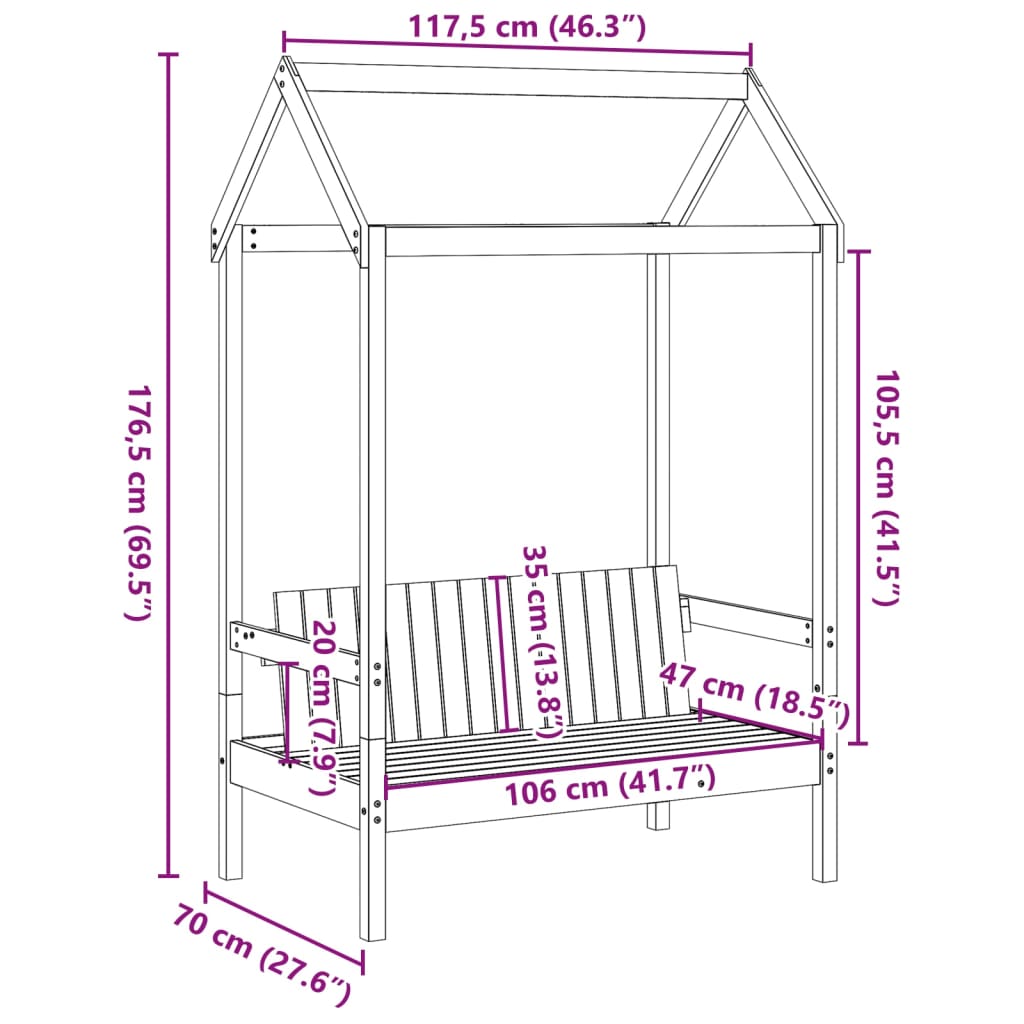 vidaXL Benk med tak voksbrun 117,5x70x176,5 cm heltre furu