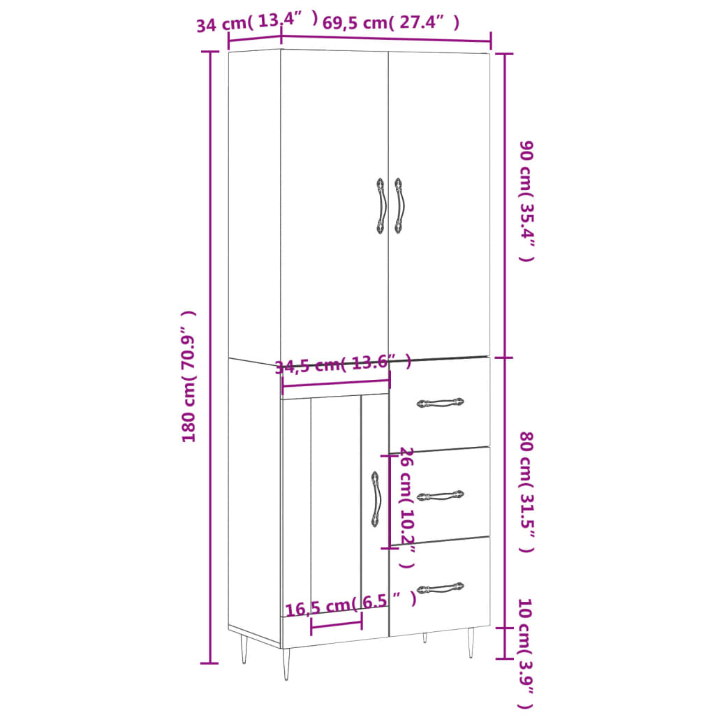 vidaXL Highboard hvit 69,5x34x180 cm konstruert tre