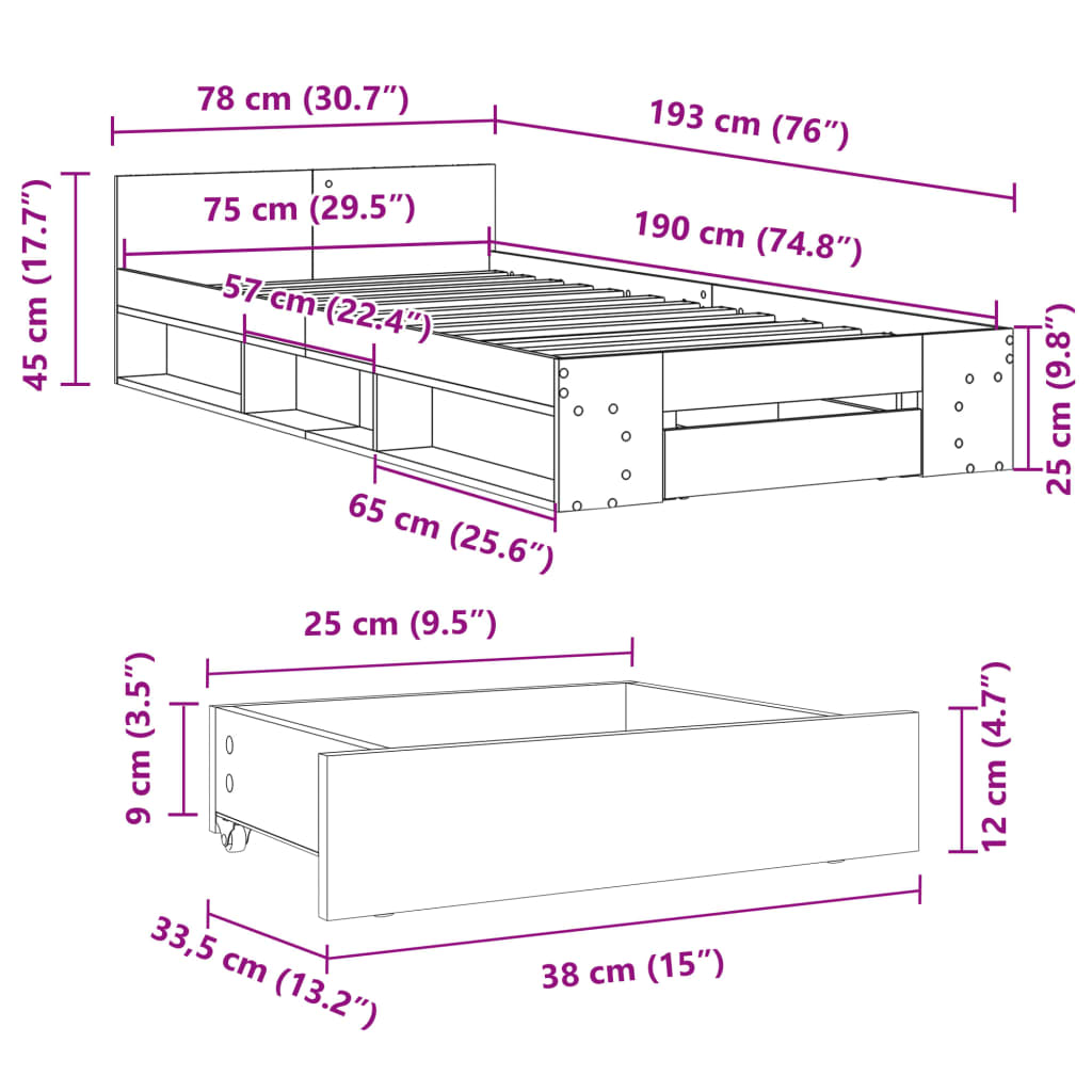 vidaXL Sengeramme med skuff svart 75x190 cm konstruert tre