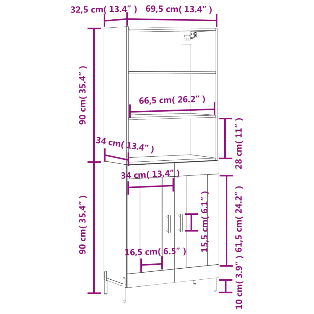 vidaXL Highboard brun eik 69,5x34x180 cm konstruert tre