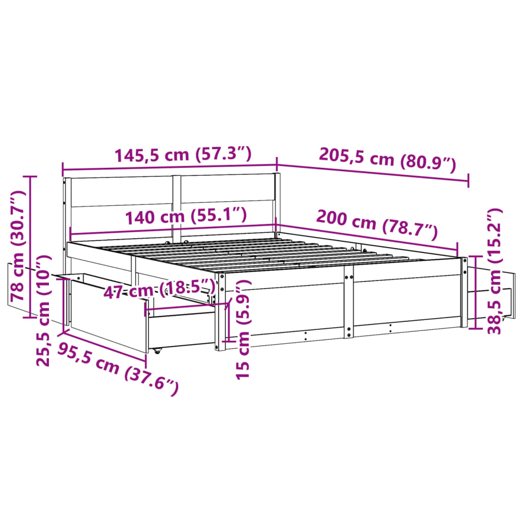 vidaXL Sengeramme uten madrass voksbrun 140x200 cm heltre furu