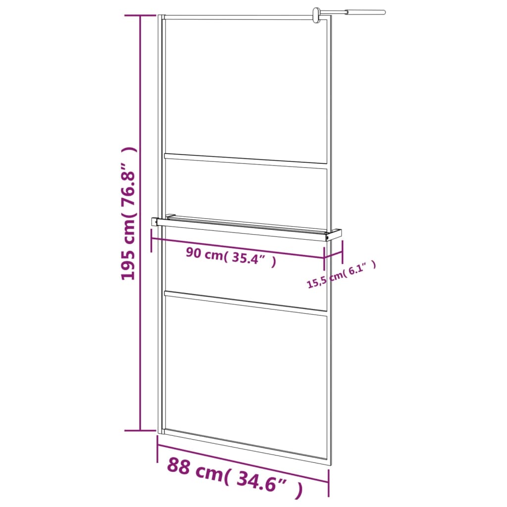 vidaXL Dusjvegg med hylle svart 90x195 cm ESG-glass og aluminium