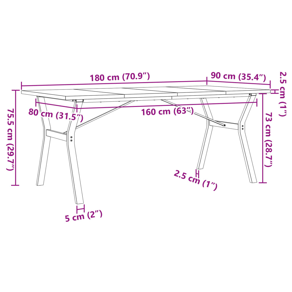 vidaXL Spisebord Y-ramme 180x90x75,5 cm heltre furu og støpejern