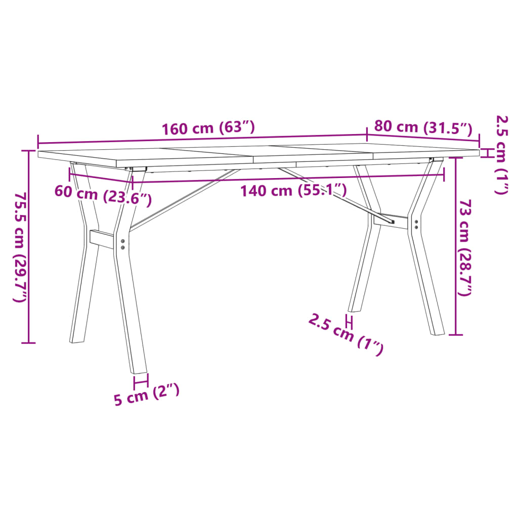 vidaXL Spisebord Y-ramme 160x80x75,5 cm heltre furu og støpejern