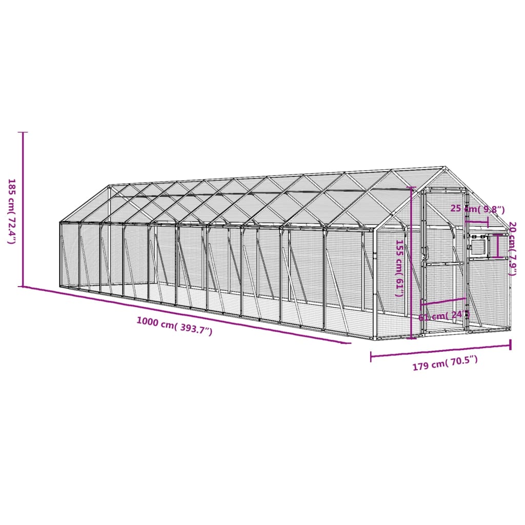 vidaXL Fuglehus sølv 1,79x10x1,85 m aluminium