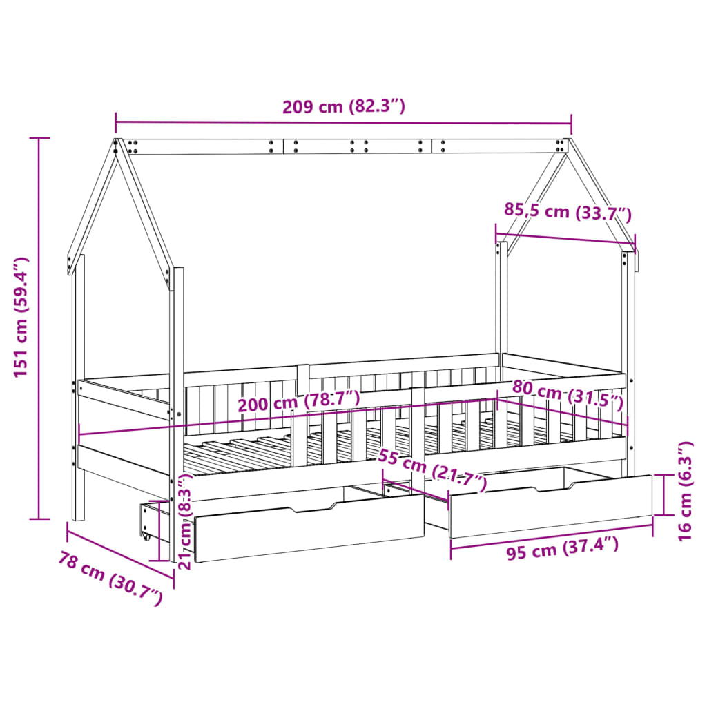 vidaXL Barnesengeramme med skuffer 80x200 cm heltre furu