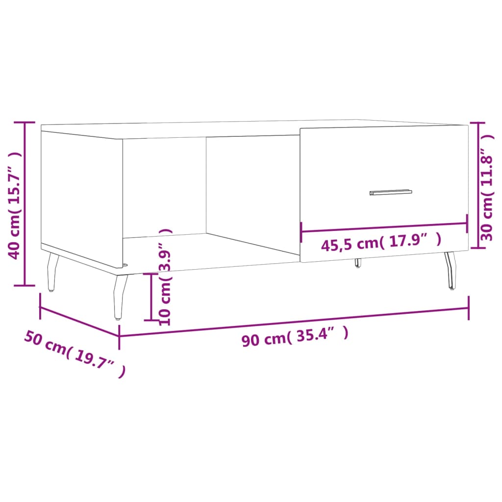 vidaXL Salongbord hvit 90x50x40 cm konstruert tre