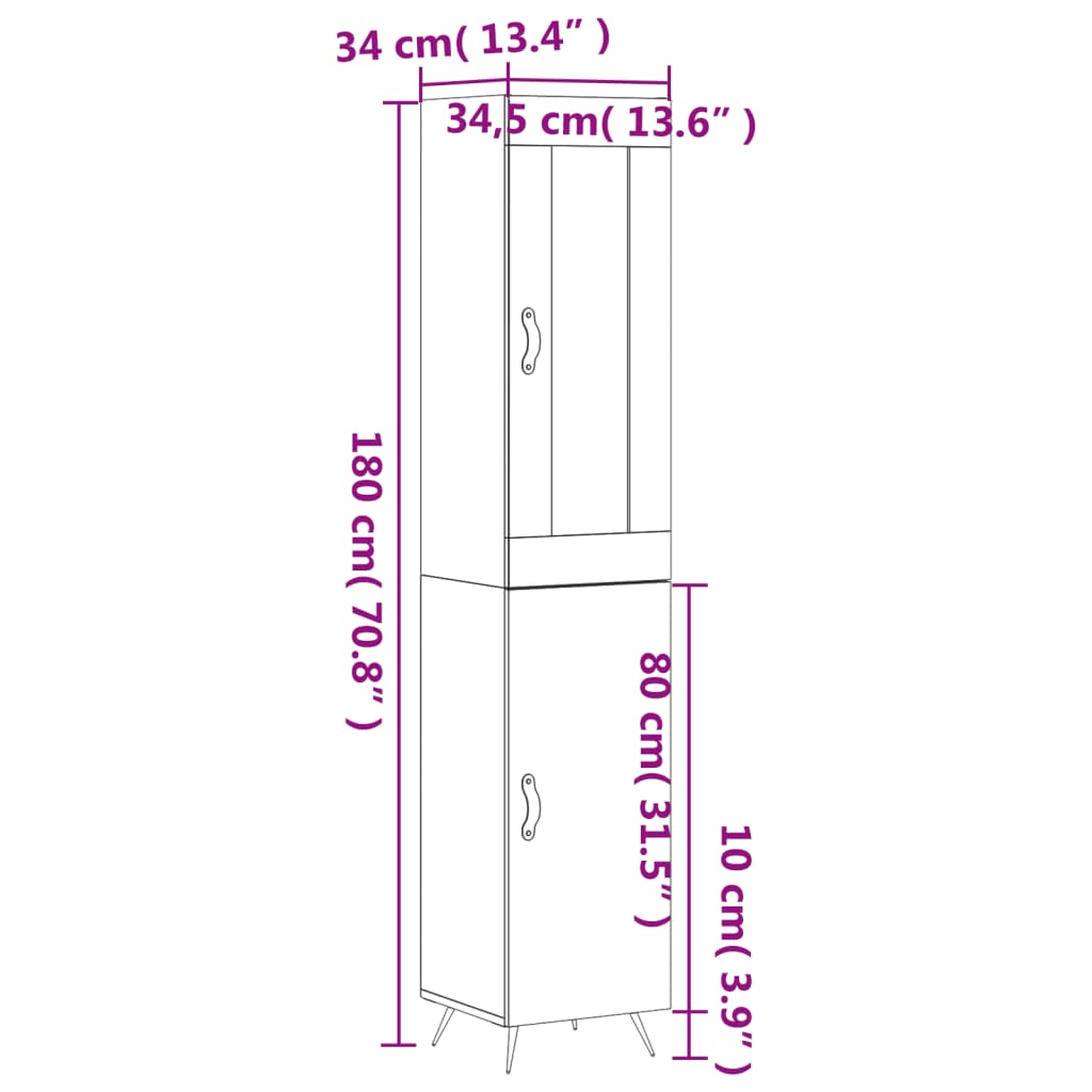 vidaXL Highboard grå sonoma 34,5x34x180 cm konstruert tre