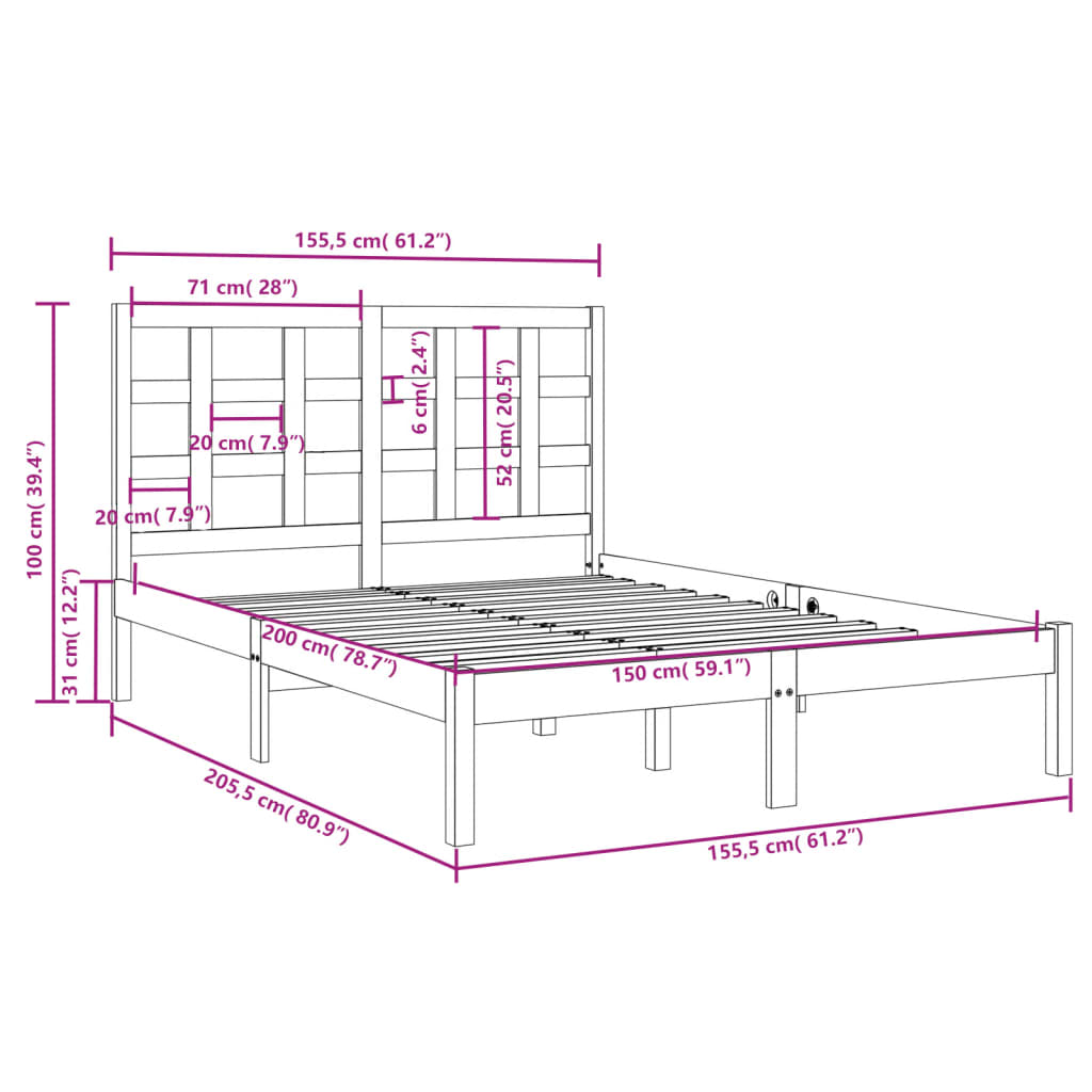 vidaXL Sengeramme svart heltre 150x200 cm King Size