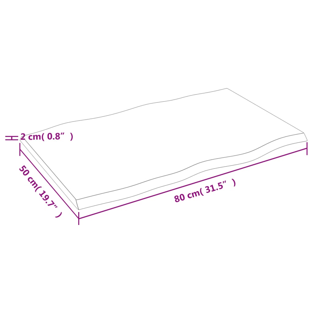 vidaXL Bordplate 80x50x2 cm ubehandlet heltre eik naturlig kant