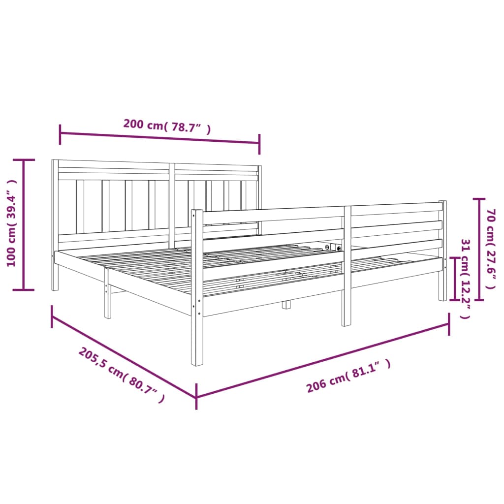 vidaXL Sengeramme hvit heltre 200x200 cm