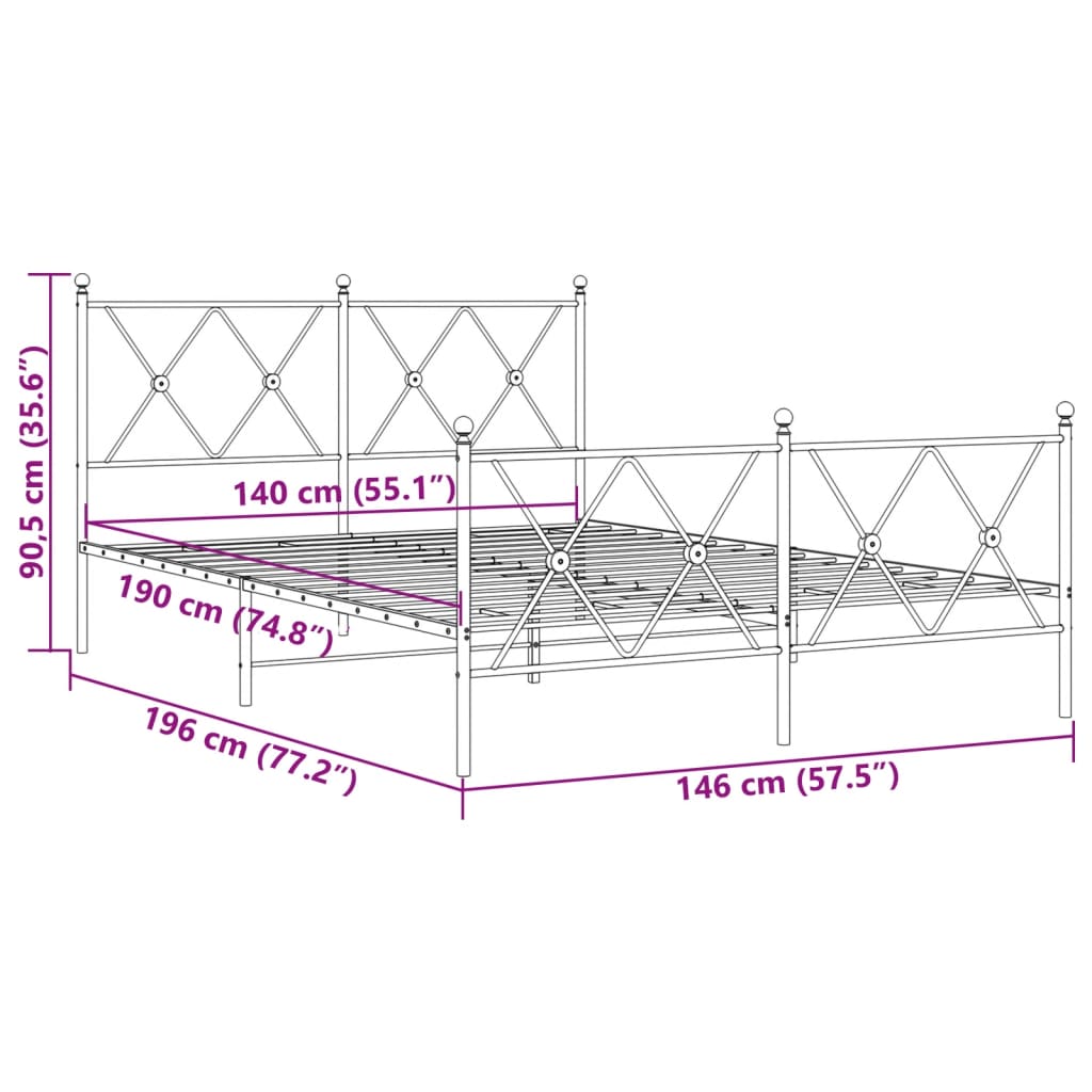 vidaXL Sengeramme i metall med hode- og fotgavl svart 140x190 cm