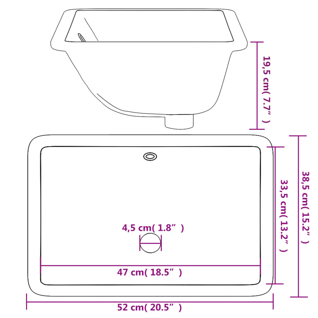 vidaXL Baderomsvask hvit 52x38,5x19,5 cm rektangulær keramikk