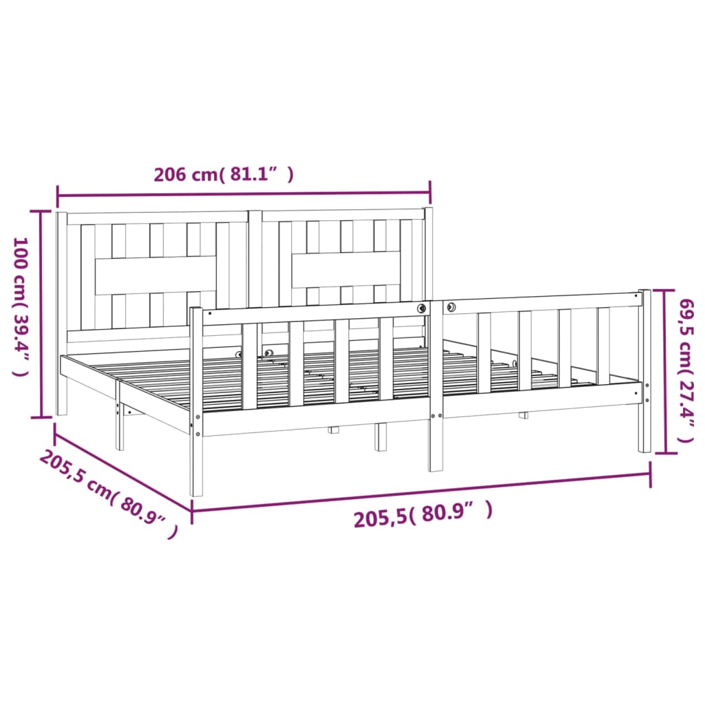 vidaXL Sengeramme med hodegavl grå heltre furu 200x200 cm