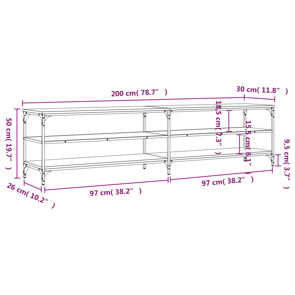 vidaXL TV-benk svart 200x30x50 cm konstruert tre og metall