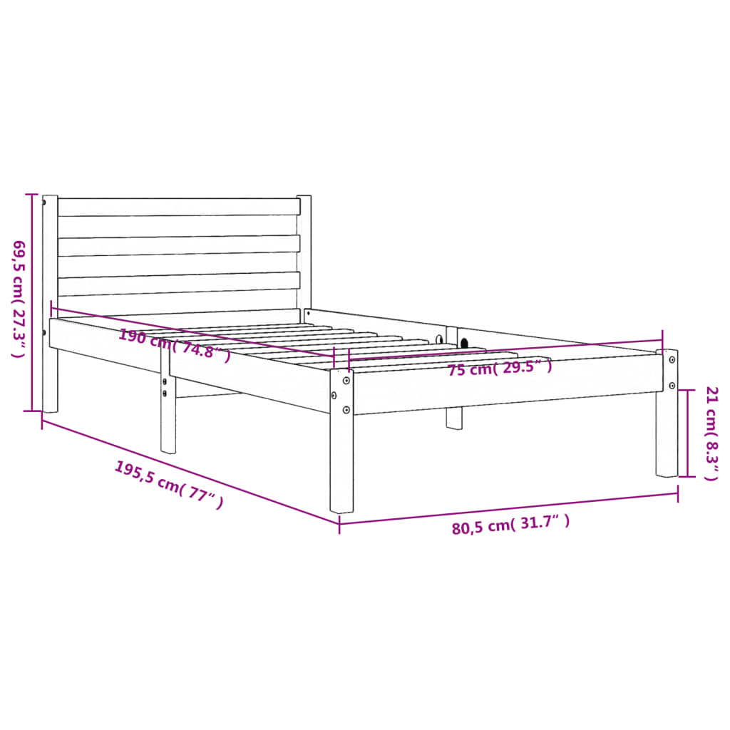 vidaXL Sengeramme uten madrass voksbrun 75x190 cm heltre furu