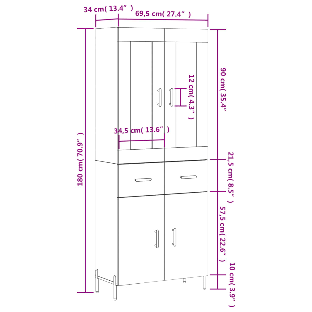 vidaXL Highboard hvit 69,5x34x180 cm konstruert tre