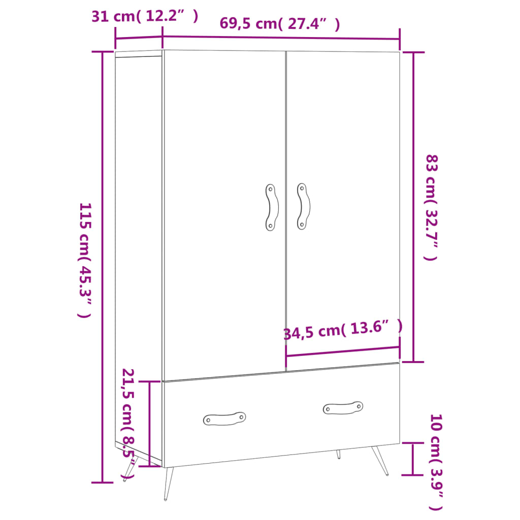 vidaXL Highboard hvit 69,5x31x115 cm konstruert tre