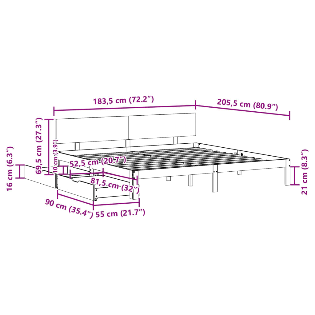 vidaXL Sengeramme med skuffer hvit 180x200 cm heltre furu