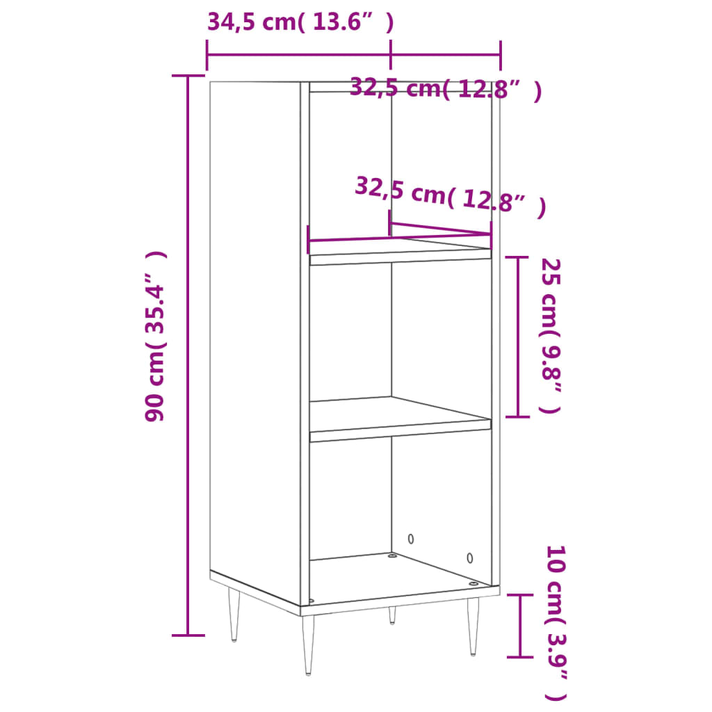 vidaXL Skjenk hvit 34,5x32,5x90 cm konstruert tre