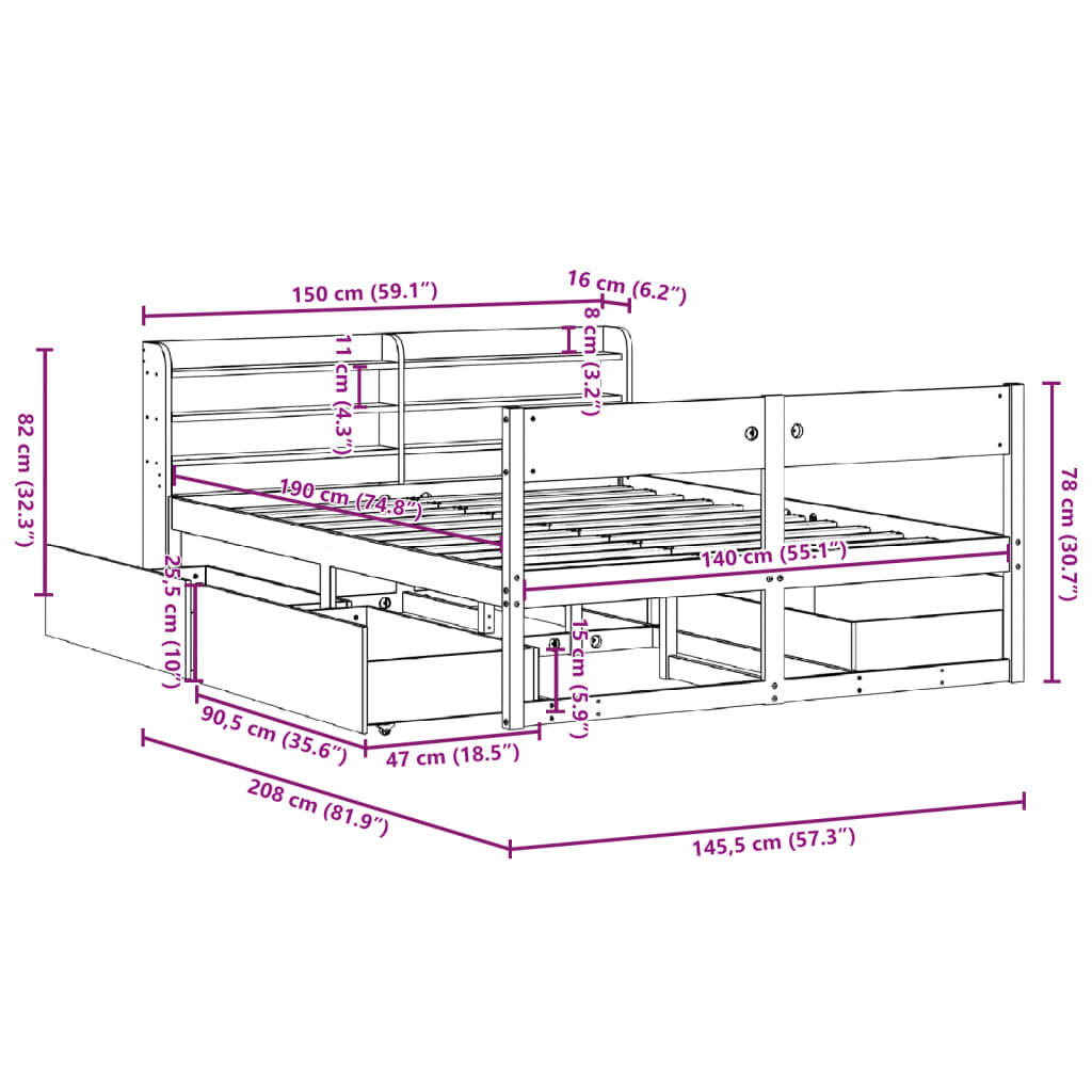 vidaXL Sengeramme uten madrass voksbrun 140x190 cm heltre furu