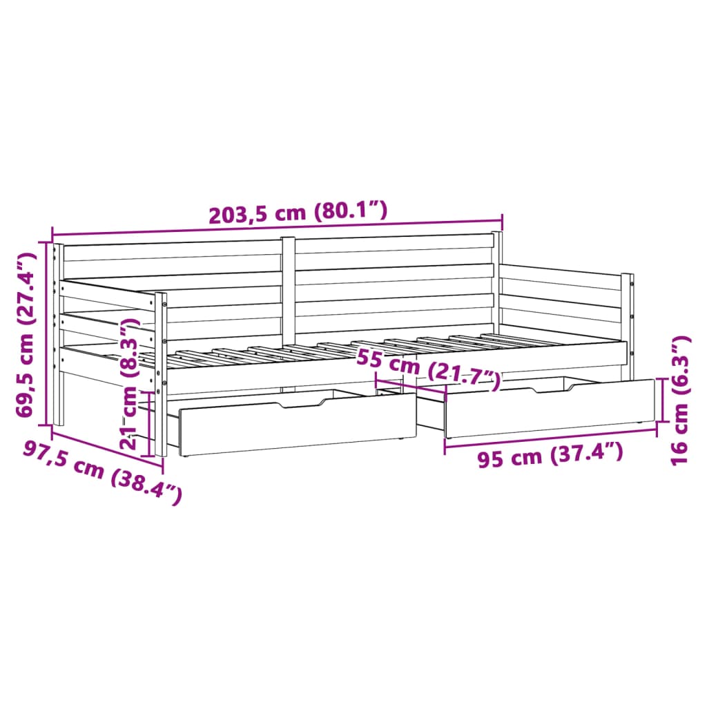 vidaXL Dagseng med skuffer 90x200 cm heltre furu