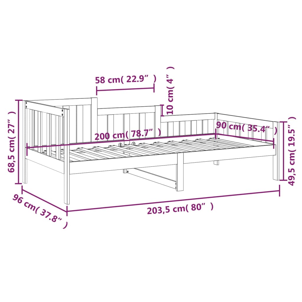 vidaXL Dagseng svart 90x200 cm heltre furu