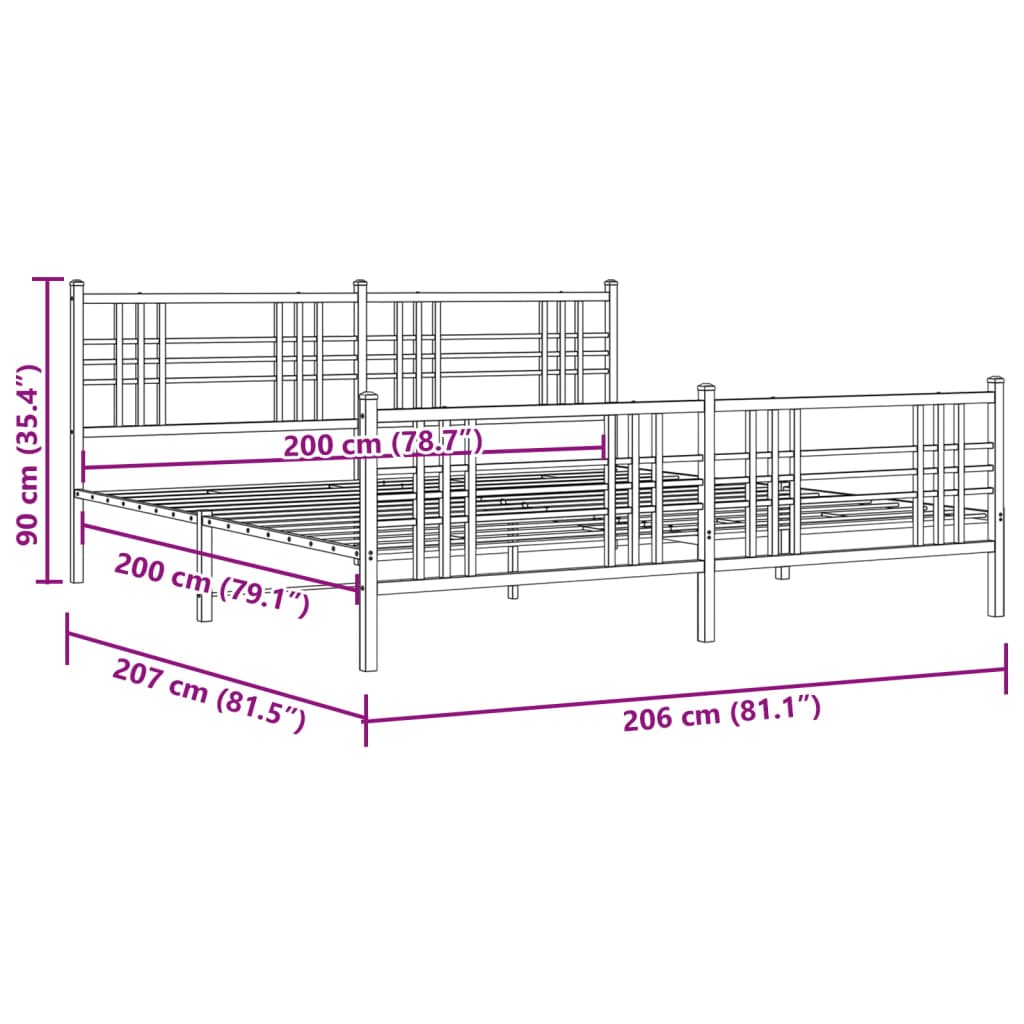 vidaXL Sengeramme i metall med hode- og fotgavl hvit 200x200 cm