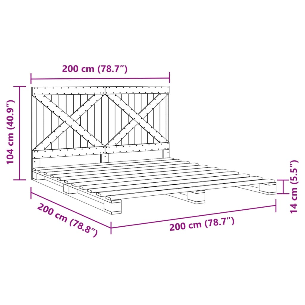 vidaXL Sengeramme med hodegavl 200x200 cm heltre furu