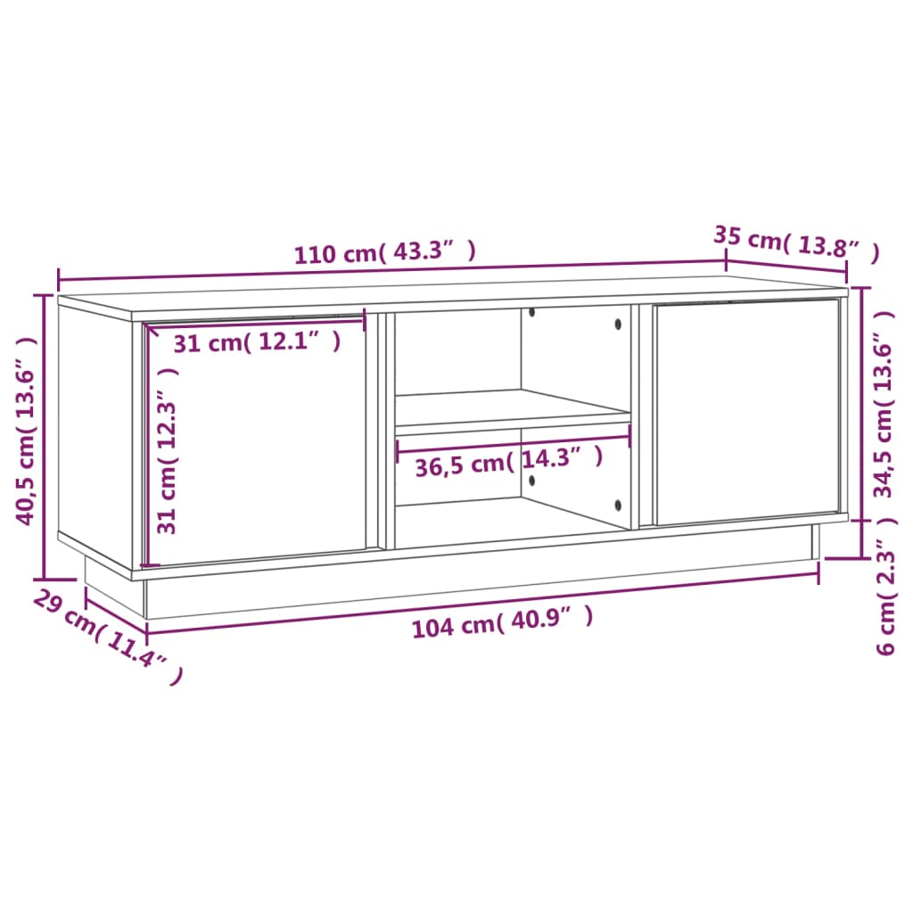 vidaXL TV-benk hvit 110x35x40,5 cm heltre furu